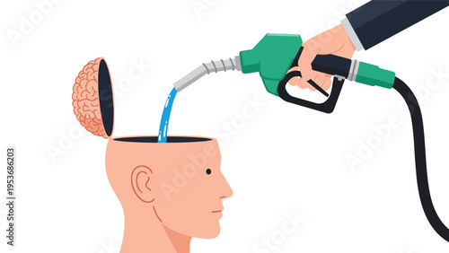 Mental energy and brain hydration concept with hand pouring water from fuel nozzle into an open head with brain inside.