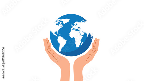 Environmental protection and global care concept with two human hands cupping and supporting the blue planet Earth.