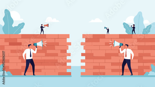 Communication breakdown and social barriers concept with people on separate brick walls using megaphones to speak to each other.