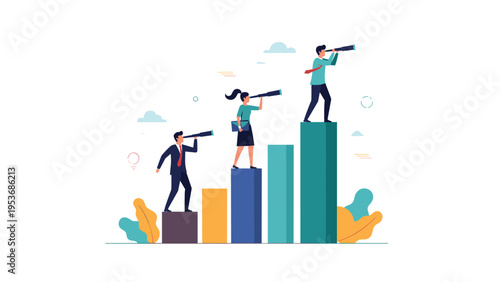 Business forecasting and future growth concept featuring professional team on rising bar chart using telescopes to see ahead.