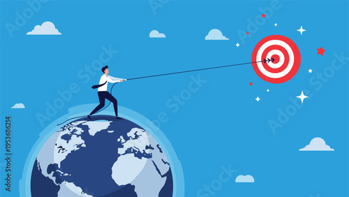 Global business reach and marketing targets concept with man on top of Earth pulling rope attached to a floating target.