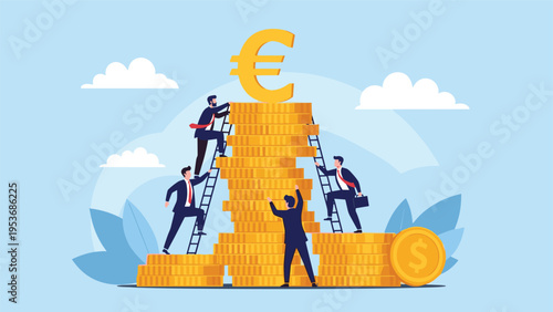 Collective financial success concept showing team of business people climbing a massive stack of gold coins with euro sign.