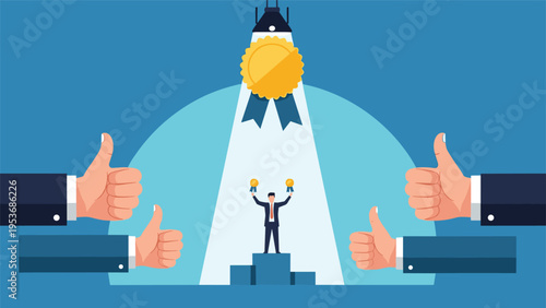 Employee recognition and success celebration concept featuring businessman on podium with trophies under spotlights.