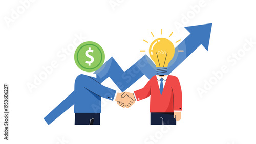 Creative and financial partnership agreement concept with two businessmen shaking hands in front of a rising growth arrow.