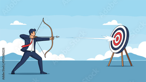 Precision and business accuracy concept featuring a businessman shooting a white arrow from a bow into the center of a target.