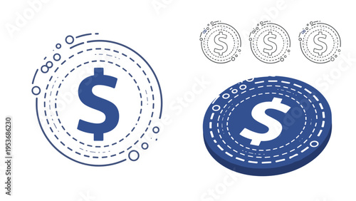 Dollar currency coin icons in various artistic styles including isometric 3D blue design and line art circle symbols.