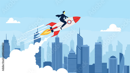 Fast track business success and rapid growth concept featuring a businessman riding a rocket ship high above the city.