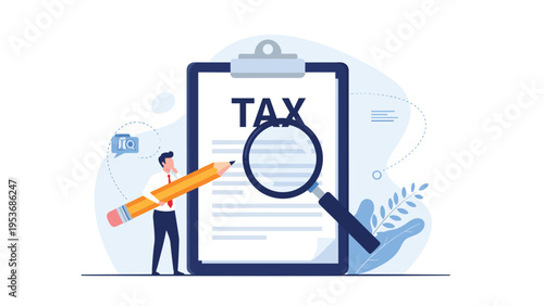 Financial audit and tax review concept featuring businessman with giant pencil and magnifying glass examining documents.