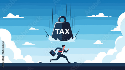 Heavy tax burden and financial pressure concept with businessman running away from a massive falling weight labeled TAX.