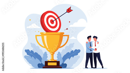 Business victory and team success concept showing two businessmen hugging next to a giant trophy topped with a target.