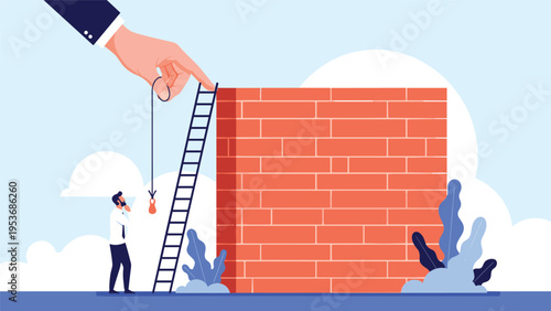 Support and overcoming obstacles concept showing giant hand assisting a businessman by holding a ladder against a high wall.