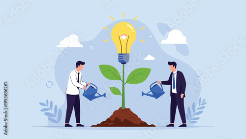 Pair of business professionals watering a growing plant topped with a glowing lightbulb symbolizing the nurturing of creative ideas.