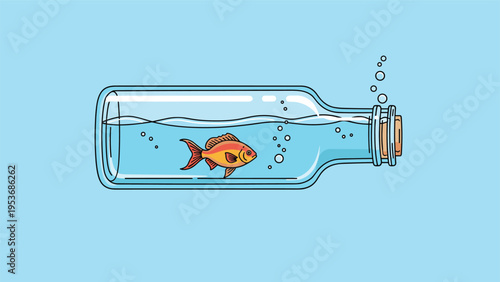 Captivity and environmental protection concept featuring a goldfish swimming inside a clear glass bottle filled with water.