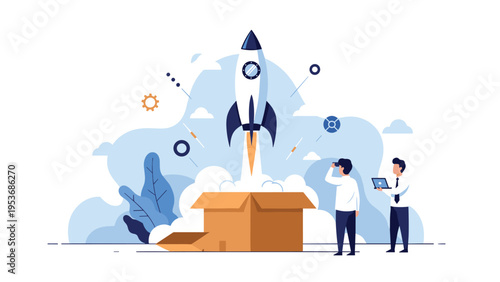 Rocket launching from a cardboard box with two businessmen using technology to track its successful takeoff into space.