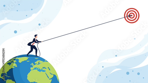 Professional businessman standing on top of planet earth and using a rope to pull a target closer for strategic goal achievement.
