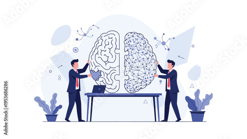 Two business men working together to assemble a large brain shaped puzzle piece on a table representing collective intelligence.
