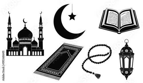 Islamic symbols silhouette including mosque crescent moon star quran rosary and lantern