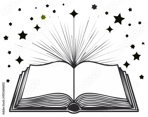 Open Book Radiating Light and Stars Symbolizing Knowledge and Imagination