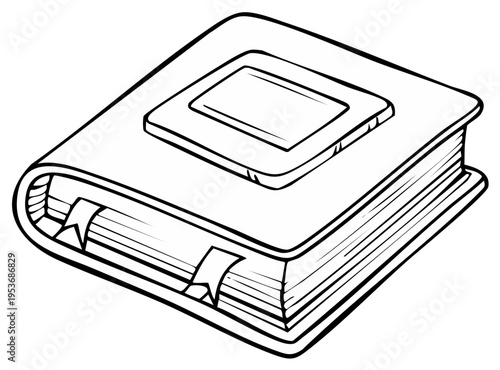 Stylized black and white illustration of a closed book featuring embedded bookmarks for learning education