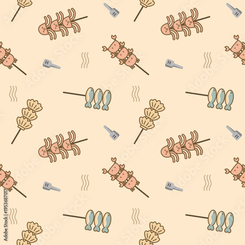 Grilled seafood cartoon so cute. On squid crab fish shell tongs background. Pattern seamless vector illustration