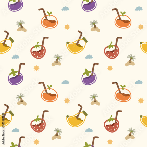 Fruit juice cartoon so cute. On banana orange mangosteen strawberry tree cloud background. Pattern seamless vector illustration. 