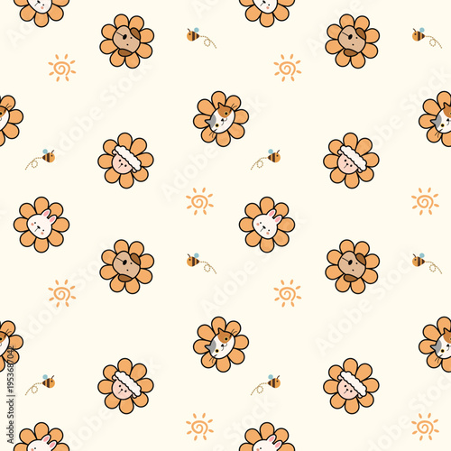 Head animal on flower cartoon so cute. On cat dog rabbit sheep bee sun background. Pattern seamless vector illustration. 