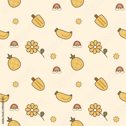 Fruit yellow cartoon so cute. On banana pineapple flowers ice cream rainbow cloud sun background. Pattern seamless vector illustration