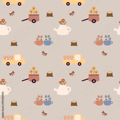 Flower on truck cartoon so cute. On trolley watering can cup stump bow background. Pattern seamless vector illustration. 