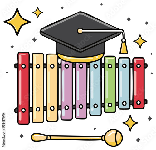 Graduation Cap on Colorful Xylophone with Mallet and Sparkling Stars