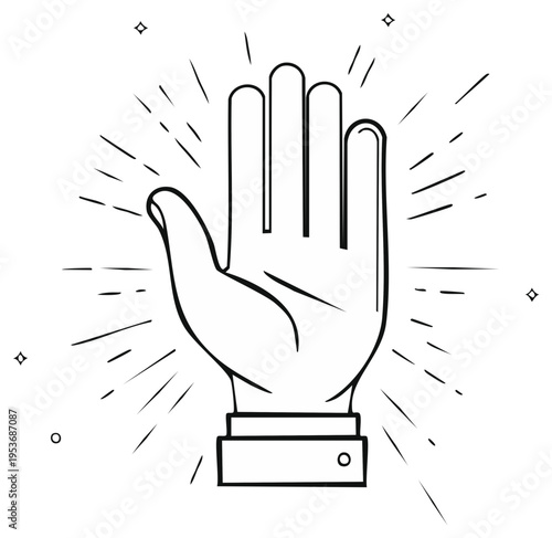 Open hand raised with radiating lines and geometric shapes symbolizing stop or greeting