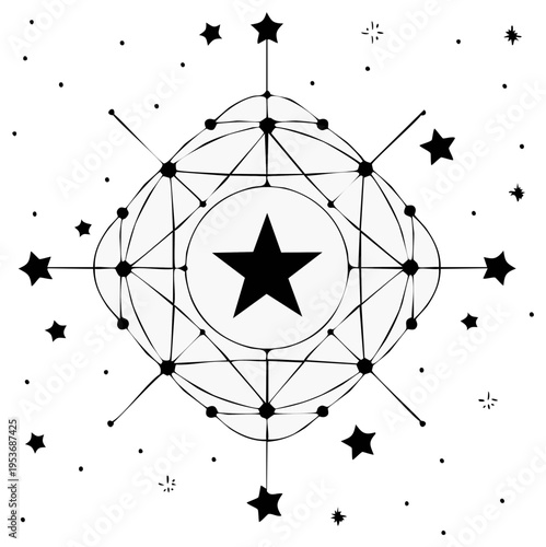 Mystical Celestial Geometric Star Mandala with Cosmic Elements and Subtle Sparkles