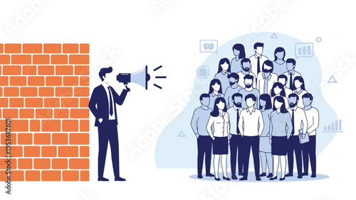 Leader using a megaphone to communicate with a crowd of people despite being separated by a solid orange brick wall.