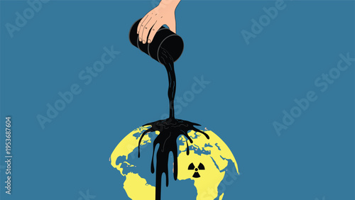 Hand pouring black oil from a barrel over the planet Earth globe with a yellow nuclear radiation symbol for pollution.