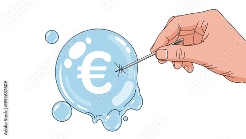 Hand holding a sharp needle ready to pop a blue soap bubble containing a Euro currency symbol representing a financial crisis.