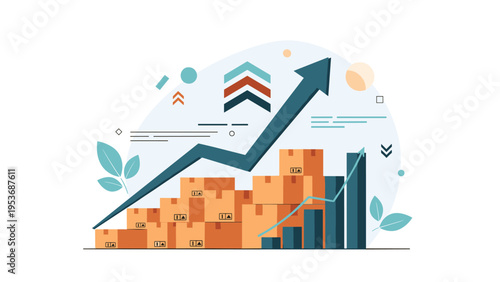 Business logistics and delivery growth concept showing an upward arrow over stacks of cardboard boxes and rising bar charts.
