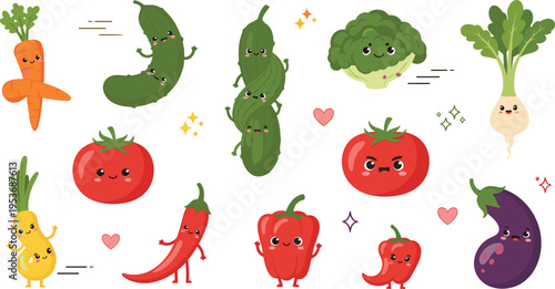 Cute Vegetable Character Set with Kawaii Faces, Cartoon Tomato, Carrot, Cucumber and Eggplant Mascots in Fun Flat Style for Kids Food and Healthy Lifestyle Design