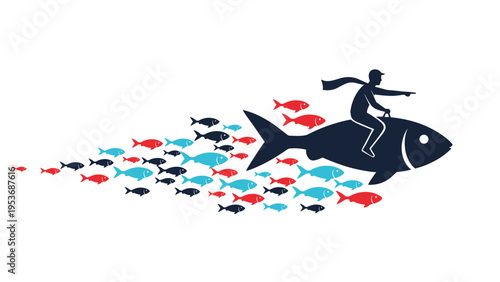 Business leadership concept showing a professional man riding a large fish leading a school of smaller colorful fish in one direction.