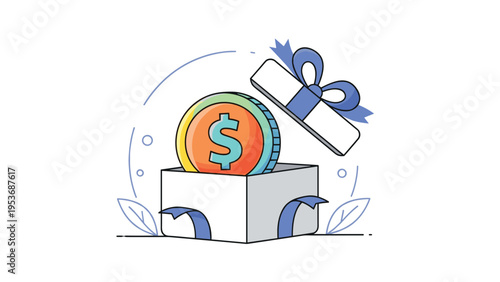 Golden dollar coin emerging from white gift box with blue ribbon and leaves symbolizing monetary reward and bonus profit.