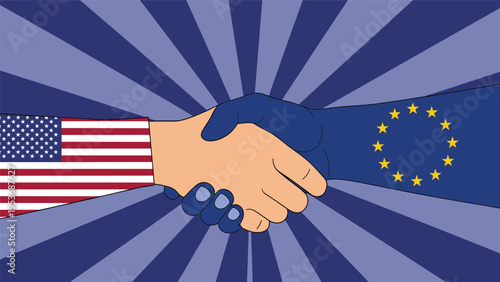 Hands painted with the flags of the United States and European Union in a handshake to represent international trade alliance.