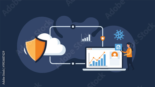 Data protection concept featuring shield icon and cloud computing with laptop to illustrate digital security and privacy.