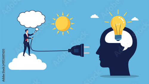 Business professional connecting human mind to solar energy and efficient light bulb representing sustainable innovation.