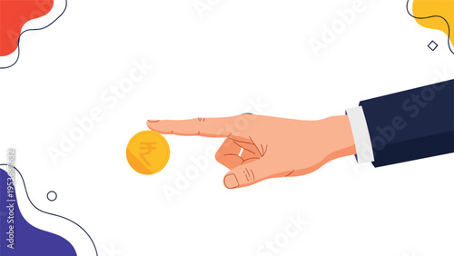 Professional businessman balancing gold Indian Rupee coin on finger symbolizing financial stability and currency strength.