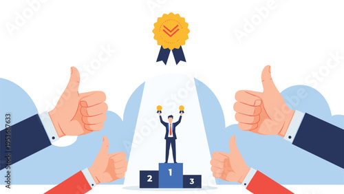 Successful man standing on winners podium holding lightbulbs receiving thumbs up from people for innovative business achievement.