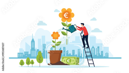 Businessman watering money plant with Euro coins inside glass bottle symbolizing wealth growth and investment planning.
