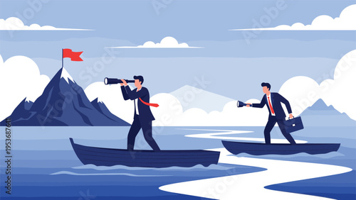 Two business professionals on separate boats navigating water searching for mountain goal with telescope and flashlight guidance.