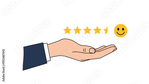 Hand extended beneath five gold stars and a smiling face icon symbolizing excellent customer service and high satisfaction ratings.