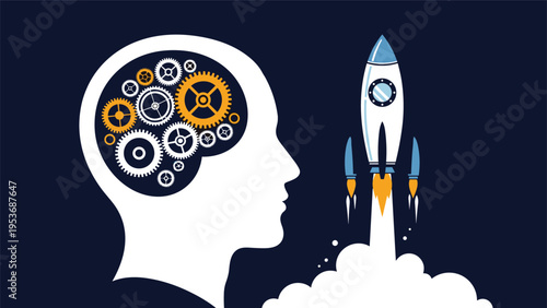 Silhouette of human head with inner gears and rocket launch representing creative thinking and innovative startup ideas.