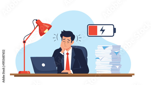 Exhausted businessman sitting at office desk with laptop and tall stack of papers featuring red low battery symbol indicating burnout.