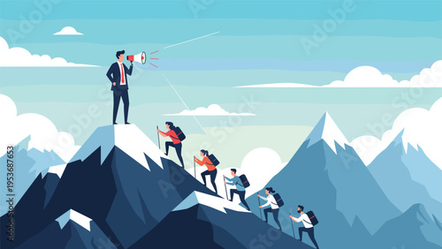 Leader standing on mountain peak with megaphone guiding a team of people climbing upwards representing business mentorship and guidance.