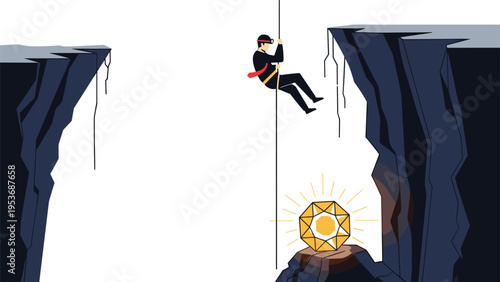 Adventurous person using rope to descend between high cliffs towards a glowing golden jewel representing risk for high reward.